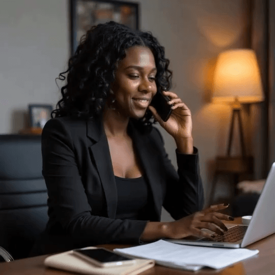 A Freelancer speaking with an Employer while using a laptop